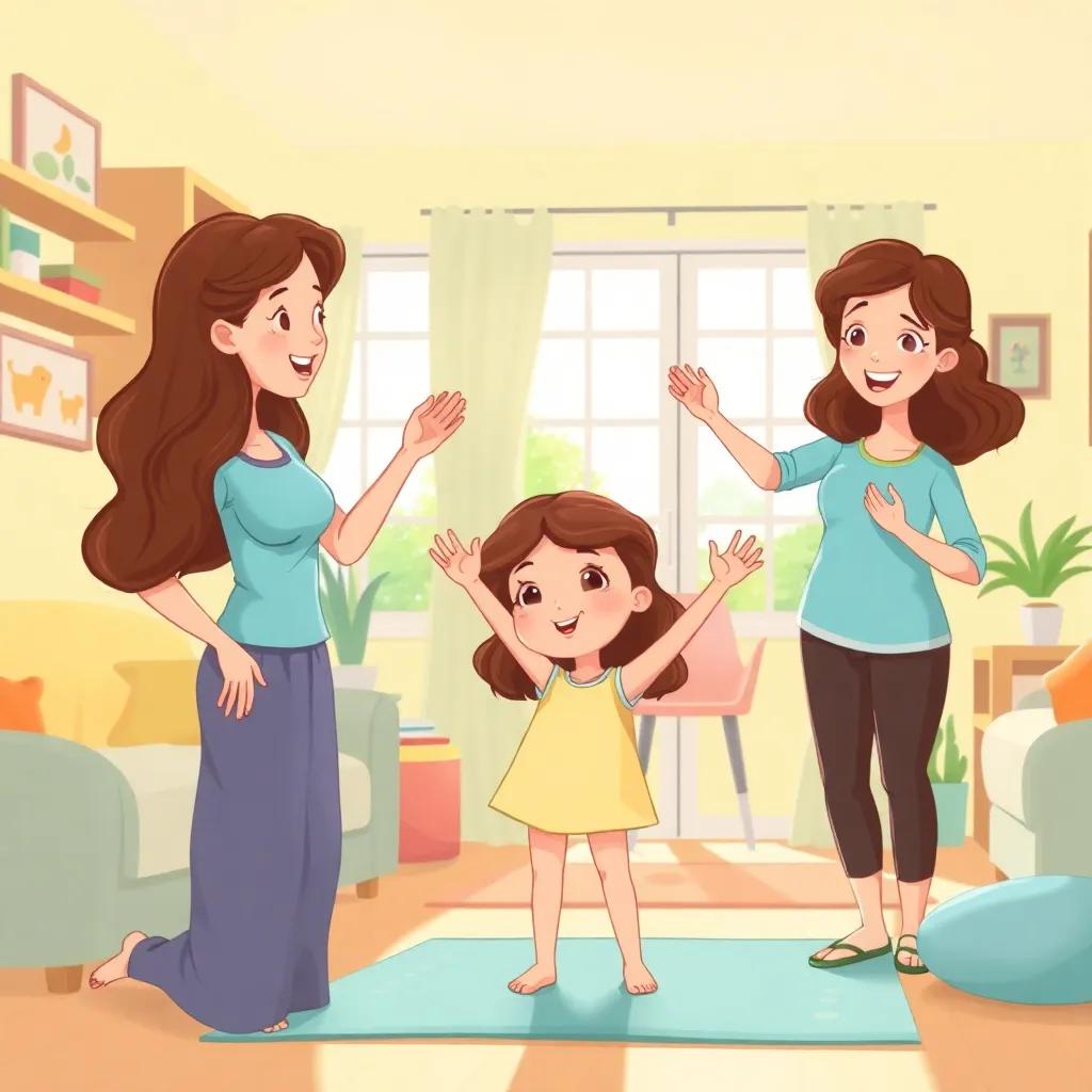 Lina, a young girl with wavy brown hair, practicing exercises at home, her mother encouraging her, a sunny room with bright colors, joyful atmosphere, digital illustration, uplifting