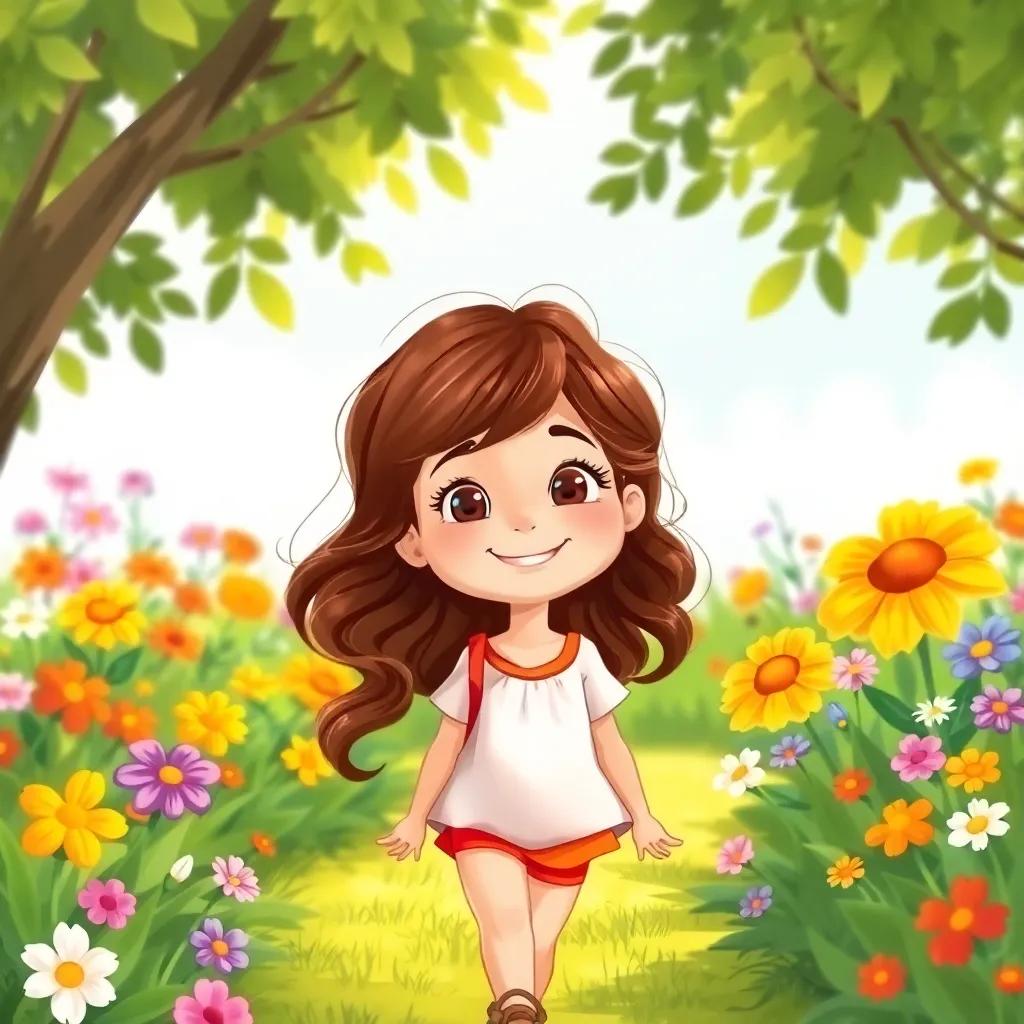 Lina, a young girl with wavy brown hair, smiling confidently, walking in the garden, her sister beside her, vibrant flowers around, digital art, happy and bright, child-friendly