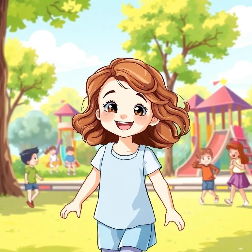 Lina, a young girl with wavy brown hair, happily playing with her friends in a sunny park, colorful playground in the background, illustration, cheerful and vibrant scene, high quality
