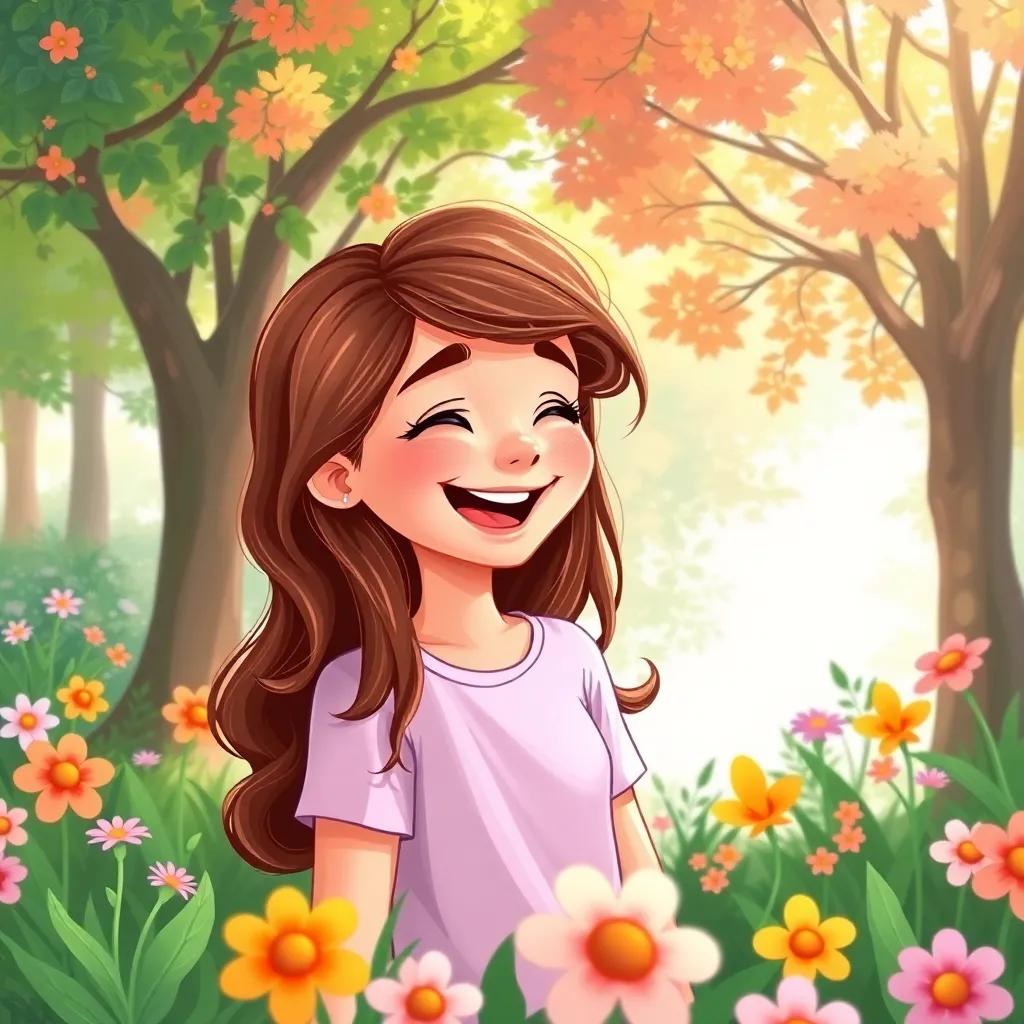 Lina, with wavy brown hair, laughing with her friends in the park, surrounded by flowers and trees, joyful smiles, digital painting, bright and colorful atmosphere, child-friendly