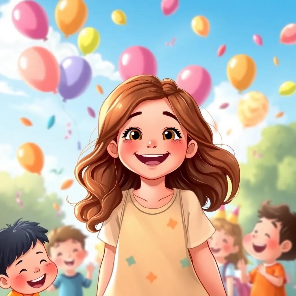Lina, a young girl with wavy brown hair, smiling widely while playing, children around her celebrating, colorful balloons in the sky, digital art, festive and joyful, high quality