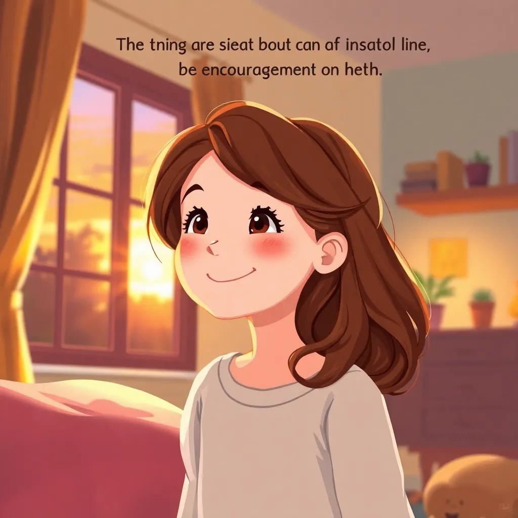 Lina, a young girl with wavy brown hair, at home looking happy, filled with encouragement and love, warm sunset light coming through the window, digital illustration, warm colors, cozy atmosphere