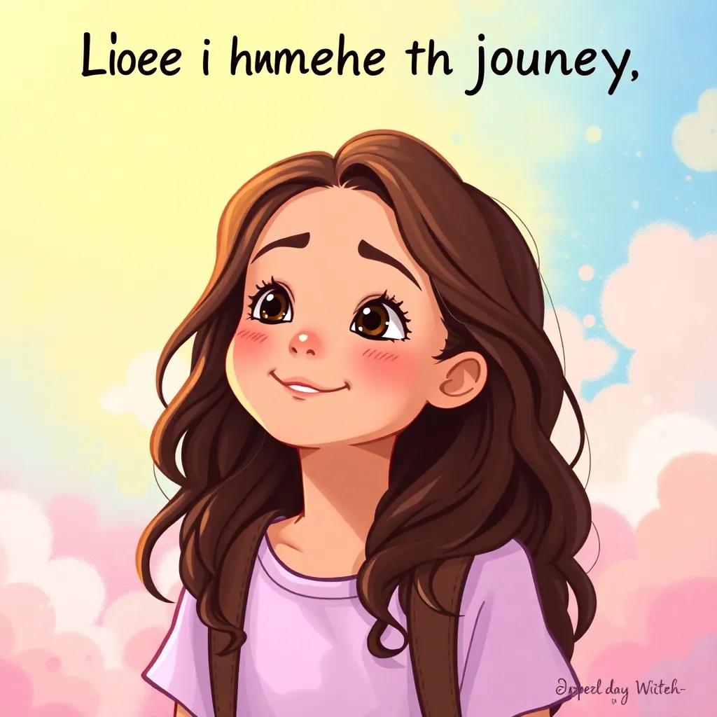 Lina, a young girl with wavy brown hair, reflecting on her journey with a smile, filled with determination and hope, colorful background depicting her journey, digital art, inspiring and uplifting, high quality