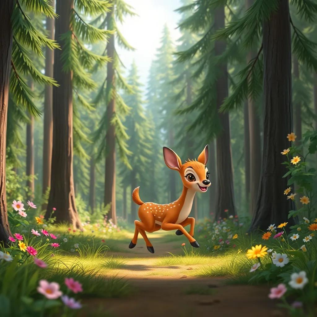 A beautiful forest scene with tall green trees and colorful flowers, a small doe named Lina with a light brown coat, joyfully running through the forest, digital art, vibrant colors, cheerful atmosphere, high quality