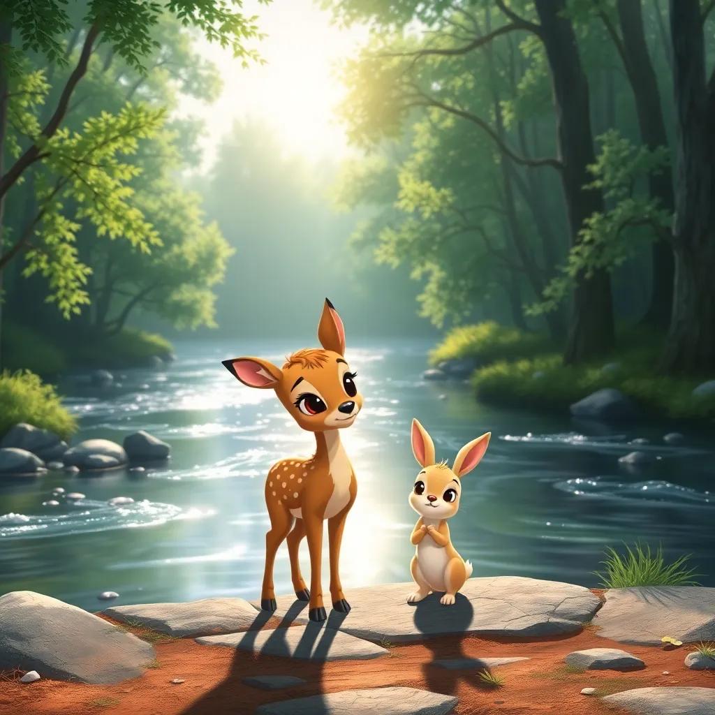 Lina, a small doe, standing by a shiny river with a small lost rabbit, both looking worried yet hopeful, with the sun shining through the trees, heartwarming illustration, bright light, child-friendly style, high quality