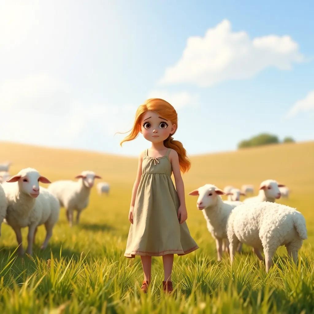 A young girl, Leona, standing in a field with sheep, wearing a simple dress, her hair flowing in the wind, feeling worried but determined, bright sunny day, digital art, warm colors, heartfelt atmosphere, high quality