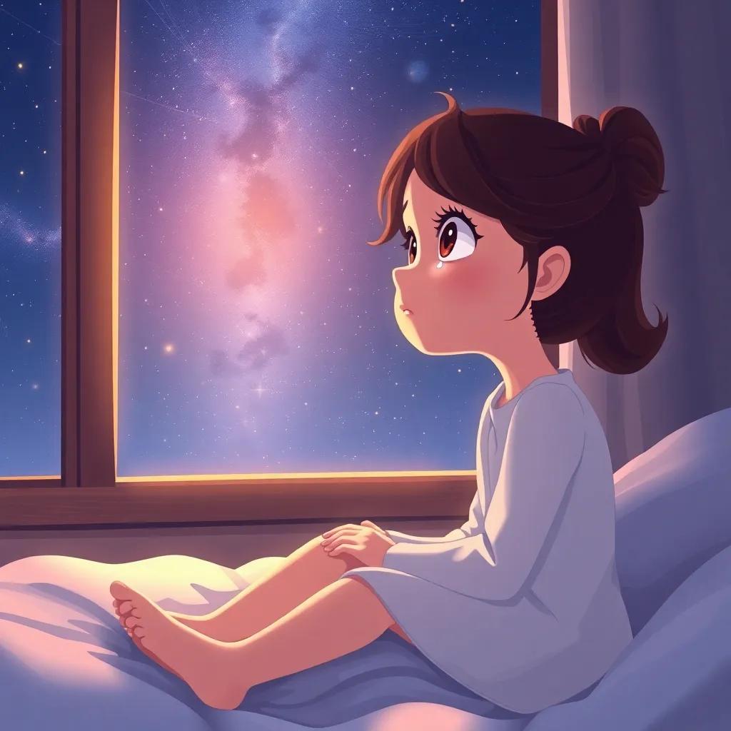 Leona, a young girl, sitting on her bed with a window view, tears in her eyes, looking up at the stars, a beautiful night sky with shooting stars, illustration, emotional, soothing colors, dreamy perspective, high quality