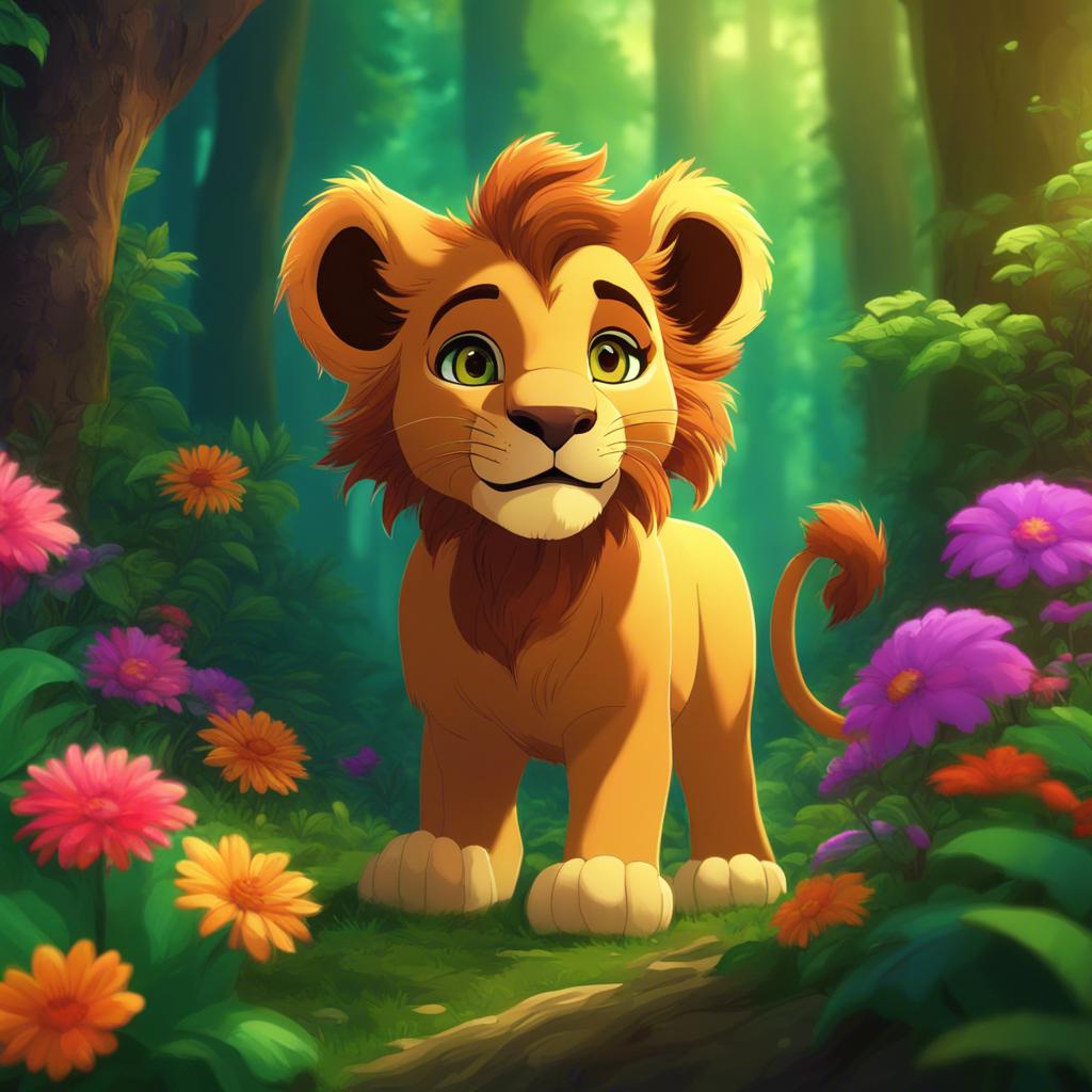 A young lion cub, Lio, with brown fur and bright eyes, standing in a lush green forest, surrounded by trees and colorful flowers, digital art, cheerful atmosphere, vibrant colors, heartwarming perspective, high quality