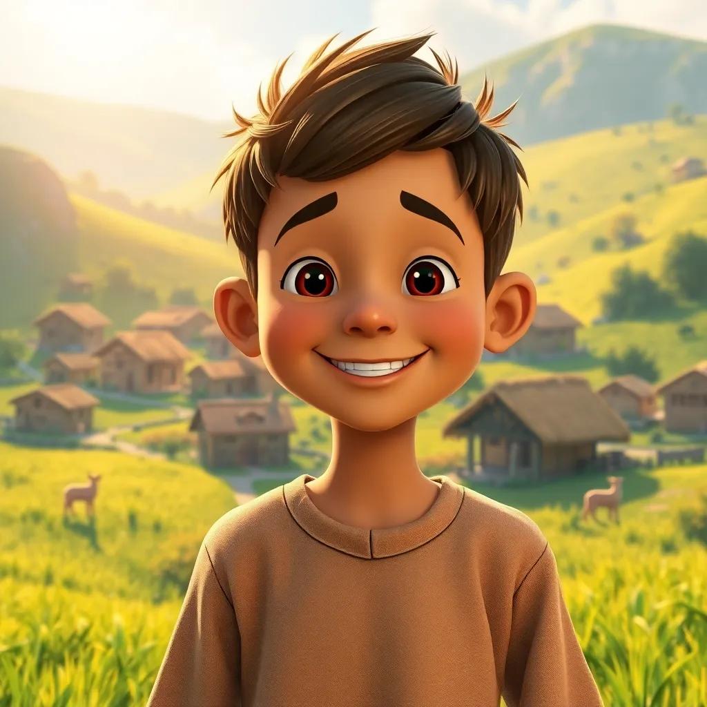 A beautiful village with green fields and clay houses, a young boy named Mu'taman, has a kind face, wearing simple, modest clothes, smiling brightly with shiny eyes, a warm golden sunlight illuminating the scene, cheerful atmosphere, digital art, vibrant, inviting feel
