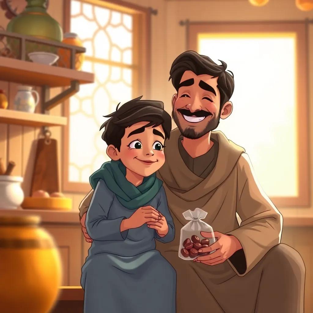 A young boy Mu'taman, sitting near his father, who is smiling and holding a small bag of dates, in a sunny kitchen, a warm and loving expression, illustration, cozy, inviting tones, heartwarming