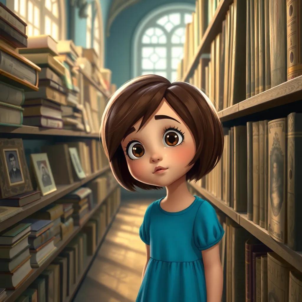Noura, a young girl with short brown hair wearing a bright blue dress, exploring rows of shelves filled with old books and photographs, her eyes wide with wonder, soft light filtering through the windows, illustrating a cozy learning environment, detailed digital art, engaging and colorful