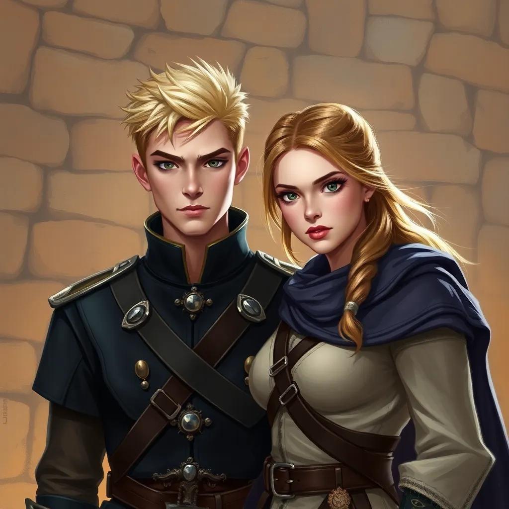 A strong young man, Armin, with short light hair, wearing a military uniform, standing next to Majdoline, their eyes shining with determination, a backdrop of a huge wall, digital painting, warm colors, a sense of adventure, high quality