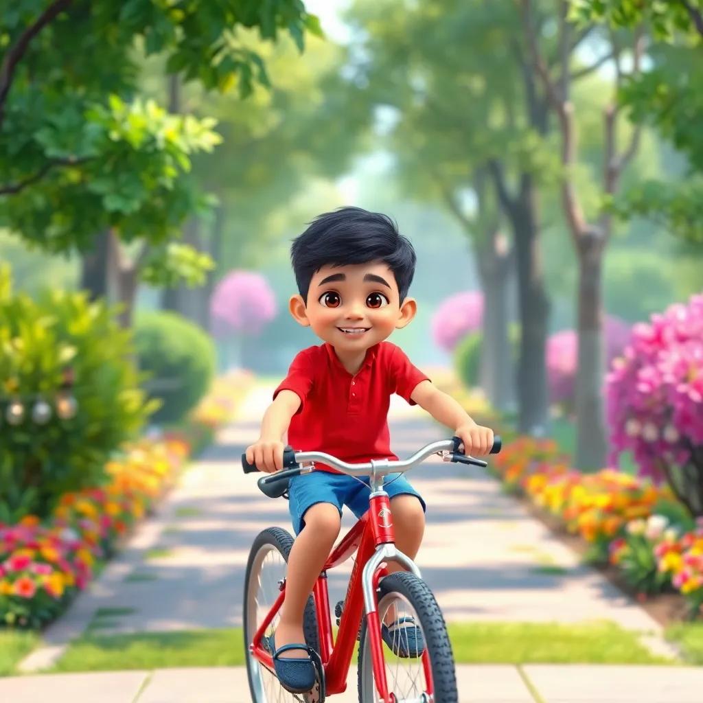 A young Arab boy, Majid, with short black hair, wearing a bright red shirt and blue shorts, riding his red bicycle in a vibrant park with green trees and colorful flowers, cheerful atmosphere, digital art, bright lighting, vivid colors, high quality