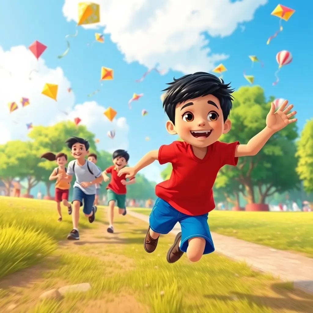 Majid, a young Arab boy, with short black hair in a bright red shirt and blue shorts, racing his friends in a joyful park filled with laughter, colorful kites flying in the sky, dynamic perspective, summer vibe, illustration, playful and energetic