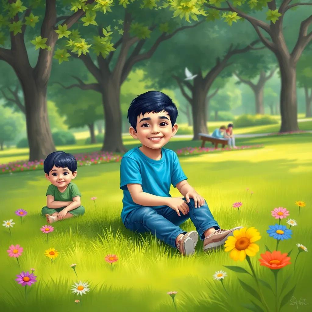 A park scene with three children, a young Arab boy, Hamed, with short black hair, wearing a blue t-shirt and jeans, sitting on the grass with a bright smile, surrounded by green trees and colorful flowers, cheerful atmosphere, digital art, high quality
