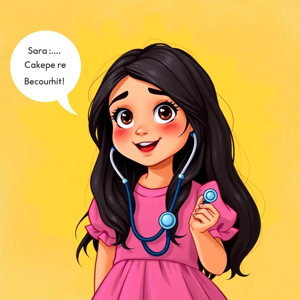 A young Arab girl, Sara, with long dark hair, wearing a pink dress and holding a toy stethoscope, looking excited while talking about becoming a doctor, bright background, illustration, vibrant colors, friendly character