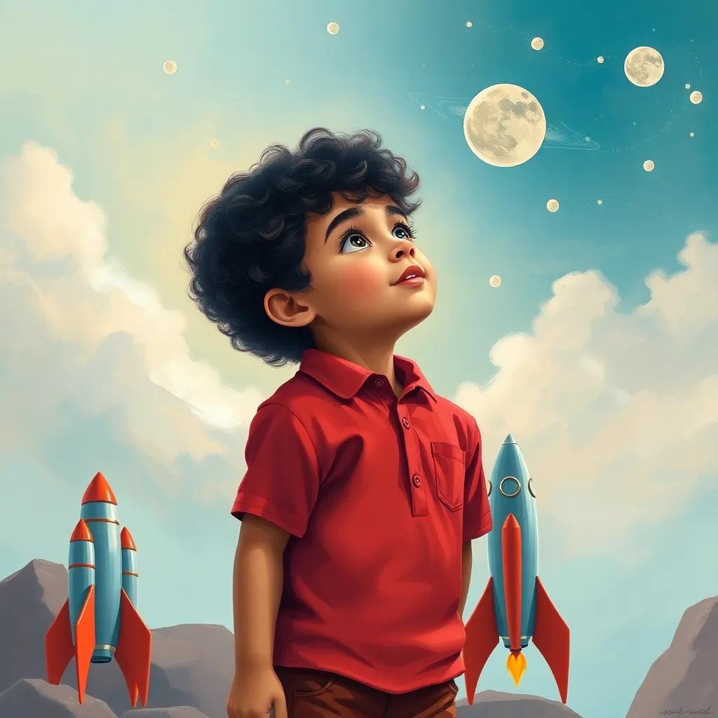 A young Arab boy, Rami, with curly hair, wearing a red shirt and shorts, pretending to be an astronaut by looking up at the sky with wonder, with toy rockets beside him, colorful scenery, imaginative illustration, playful