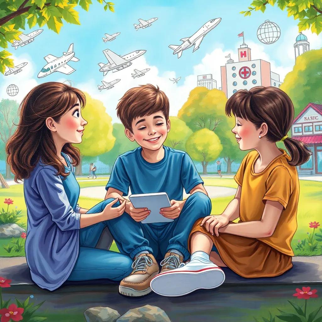 A group of three friends sitting together, imagining their future careers in a bright, sunny park, surrounded by sketches of spaceships, airplanes, and a hospital, whimsical art style, vibrant colors, child-friendly environment