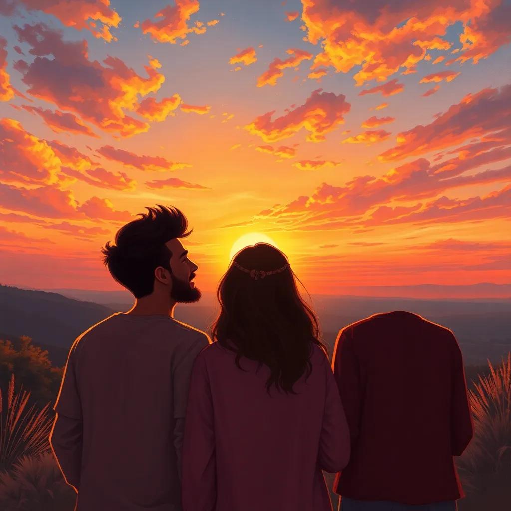 A serene sunset view with the three friends gazing at the sky, Hamed, Sara, and Rami, smiling as they talk about their dreams, warm colors in the sky, heartwarming atmosphere, digital painting, high quality