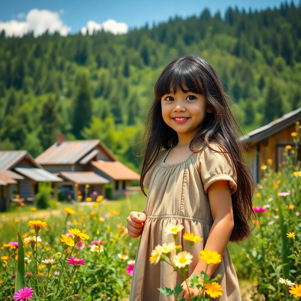 A wide view of a small village with a lush green forest in the background, Maria, a young girl with long dark hair wearing a simple dress, looking curious and excited, gathering flowers, bright sunny day, vibrant colors, cheerful atmosphere