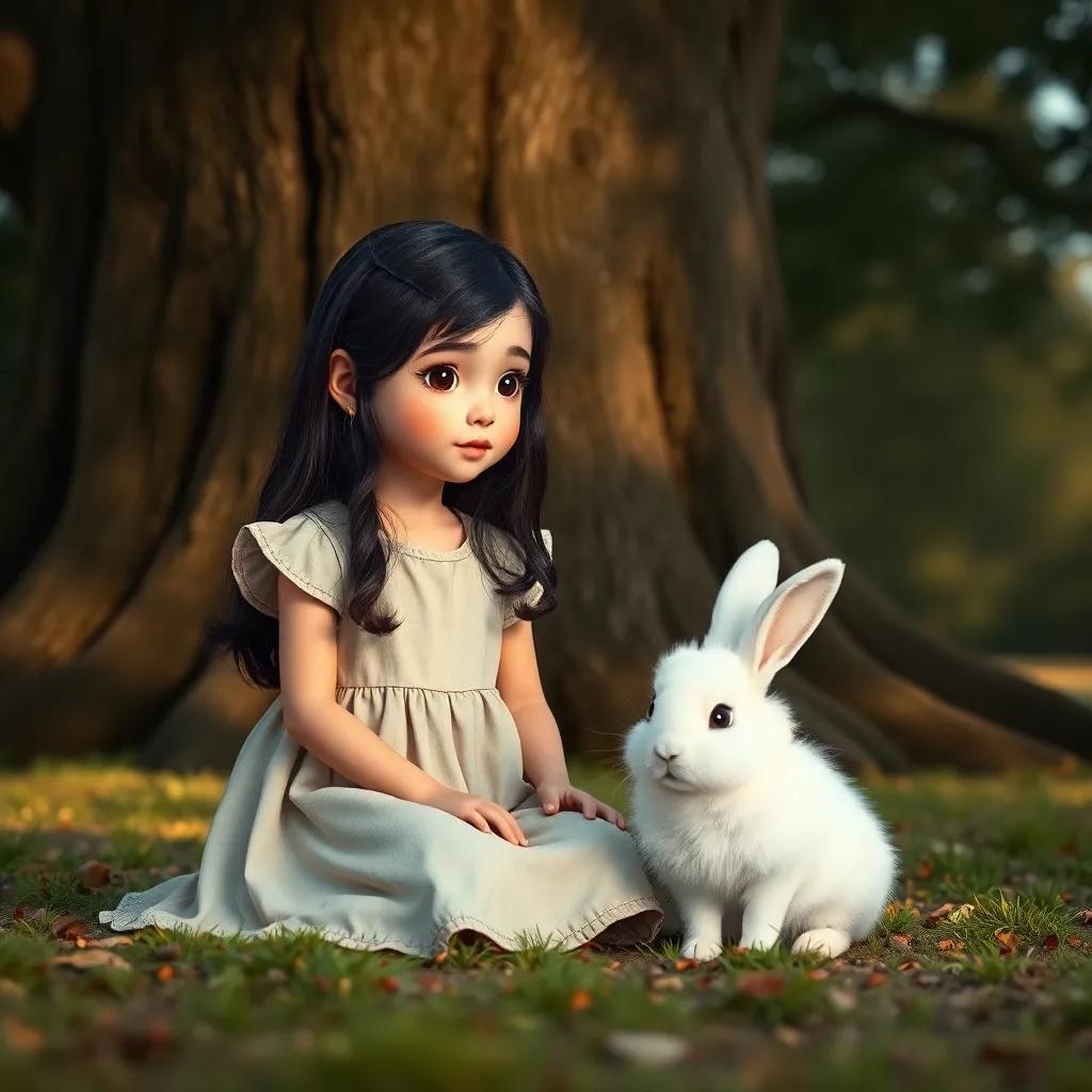 Maria, a young girl with long dark hair in a simple dress, sitting on the ground beside a fluffy white rabbit named Lulu, who looks shy and scared, under a large tree, soft lighting, warm colors, heartwarming scene
