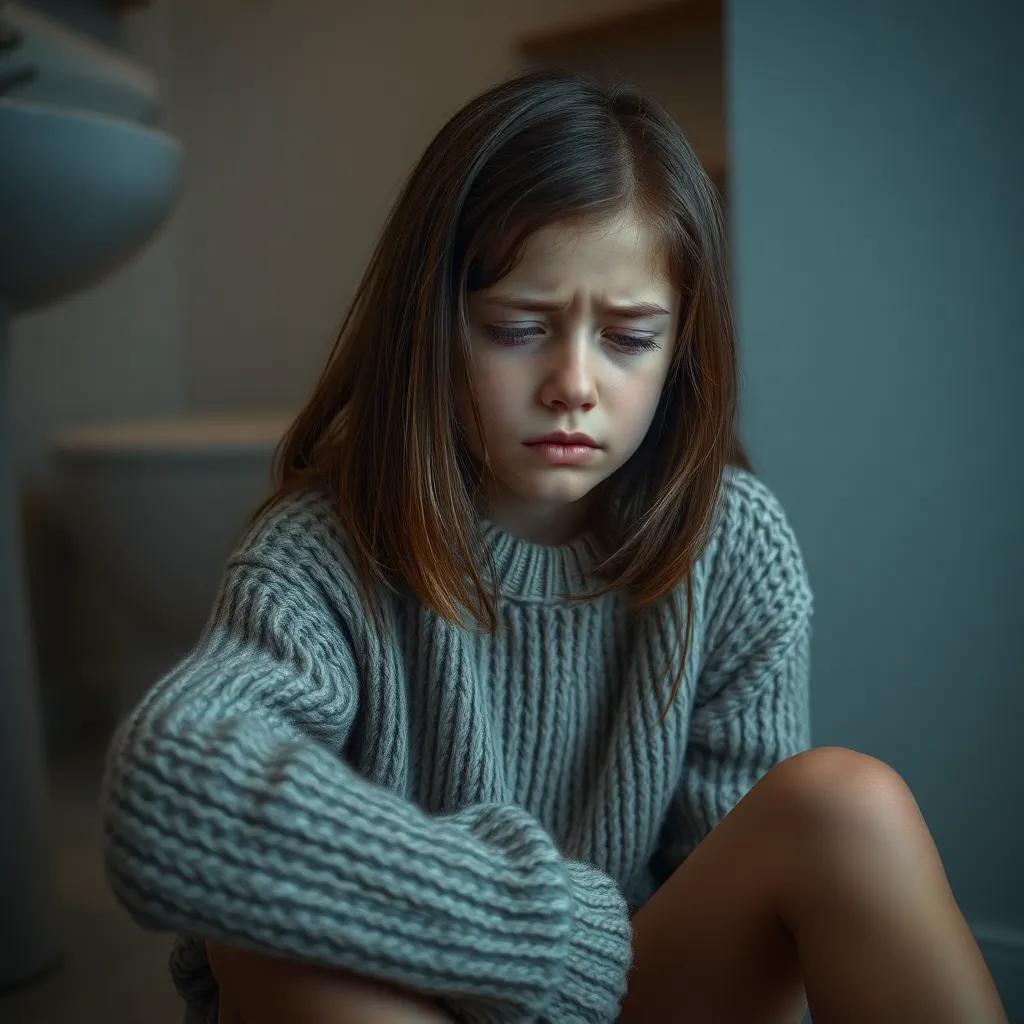 A young girl, Maria, with medium brown hair wearing a cozy sweater, sitting on the bathroom floor, looking tired and pained, dim light, soft colors, an atmosphere of struggle
