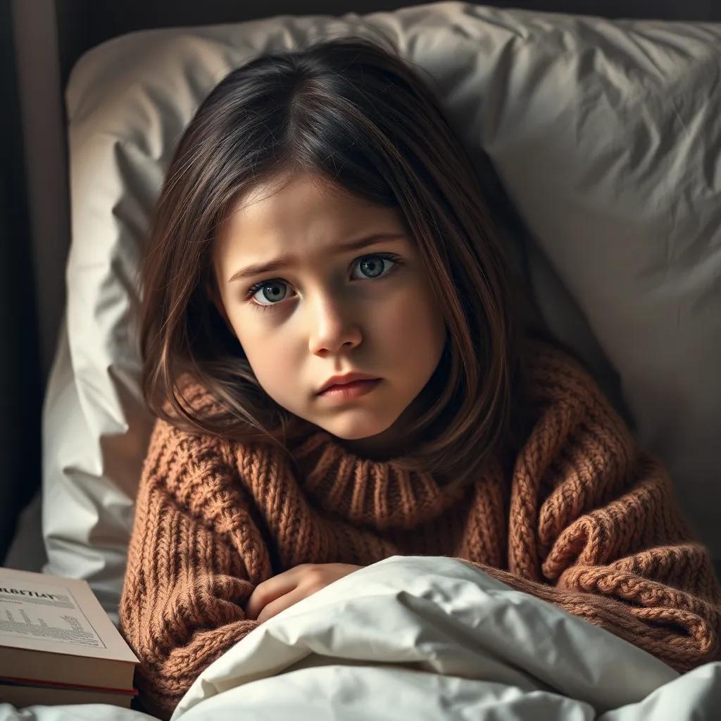 Maria, a young girl with medium brown hair in a cozy sweater, laying on her bed with a worried expression, surrounded by medical books and treatment, warm light, somber colors, an introspective scene