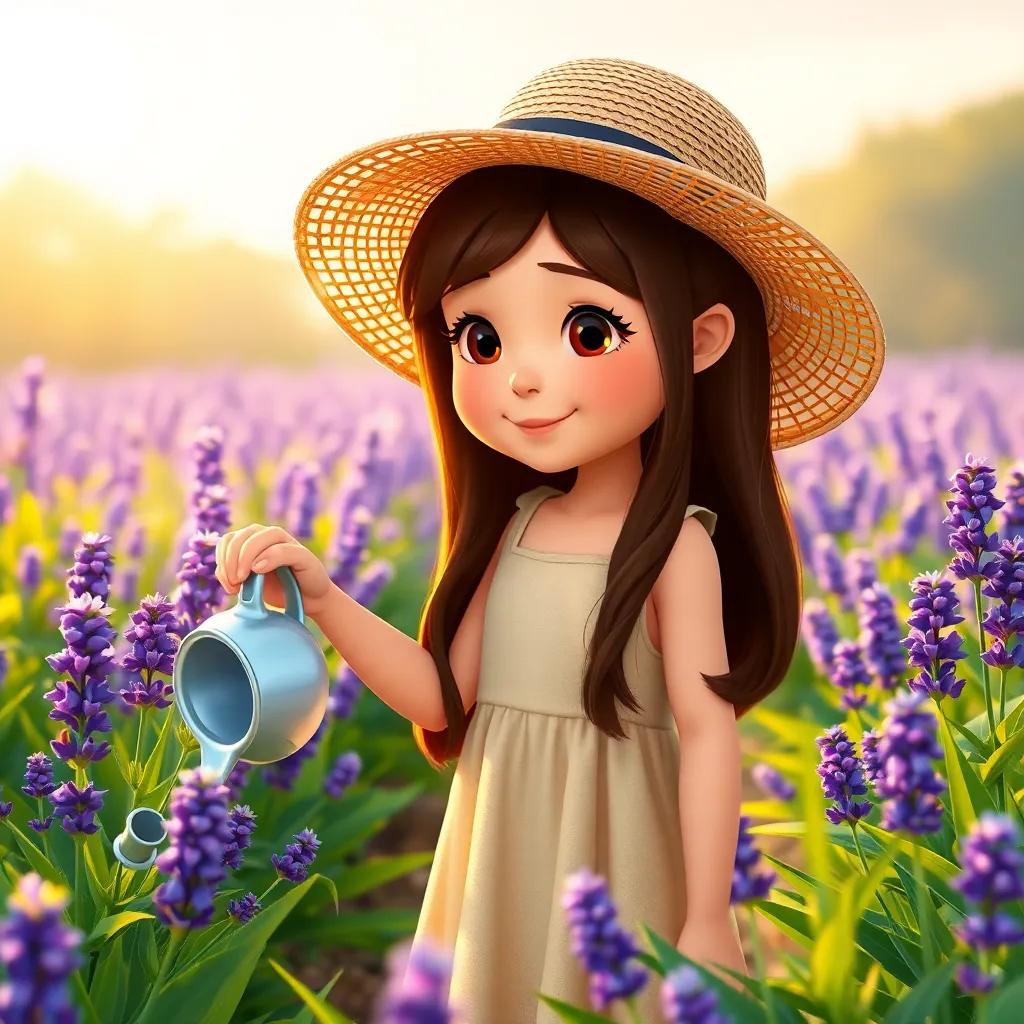 A young girl, Maria, with long brown hair, wearing a simple dress and a sun hat, watering lavender flowers in a lush garden at dawn, bright colors, warm light, peaceful atmosphere, high quality