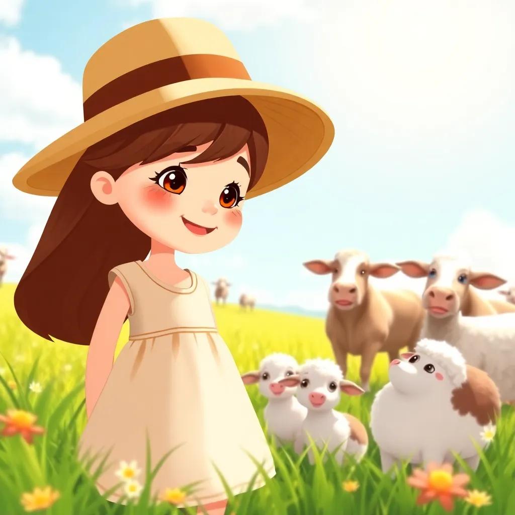 Maria, a young girl with long brown hair, wearing a simple dress and a sun hat, meeting the friendly shepherd in a sunny meadow, surrounded by cows and sheep, cheerful and lively, illustration, vibrant colors, child-friendly