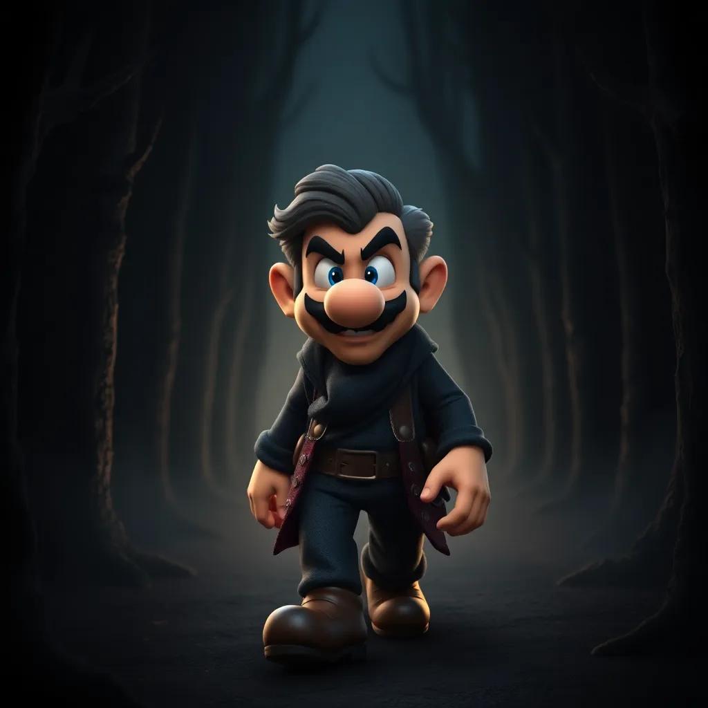 A mischievous character named Mario, a middle-aged man with a sly smile, wearing dark clothing, walking through a mysterious dark forest, digital art, gloomy atmosphere, shadows and eerie light, high quality