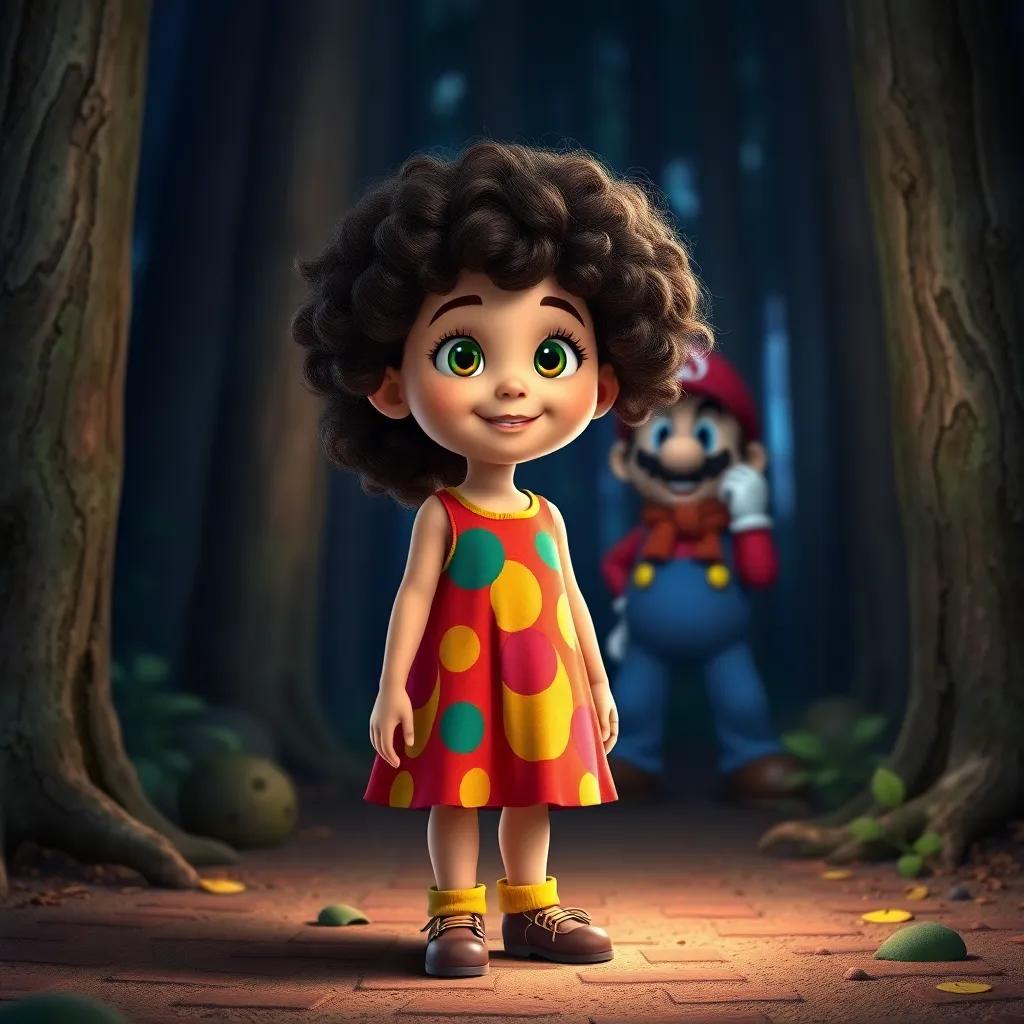 A young girl named Sarah, a 7-year-old girl with curly hair, wearing a colorful dress, standing bravely in front of Mario in the forest, a contrast to the darkness around her, cheerful light, vibrant colors, engaging scene, child-friendly