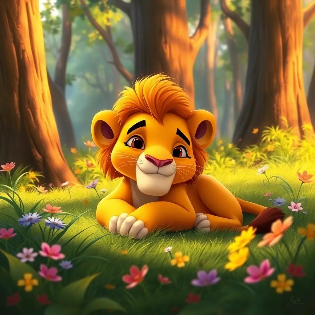 A friendly lion named Mazin, a young lion with golden fur, lying peacefully in a lush green forest, surrounded by tall trees and colorful flowers, digital art, warm colors, tranquil atmosphere, detailed