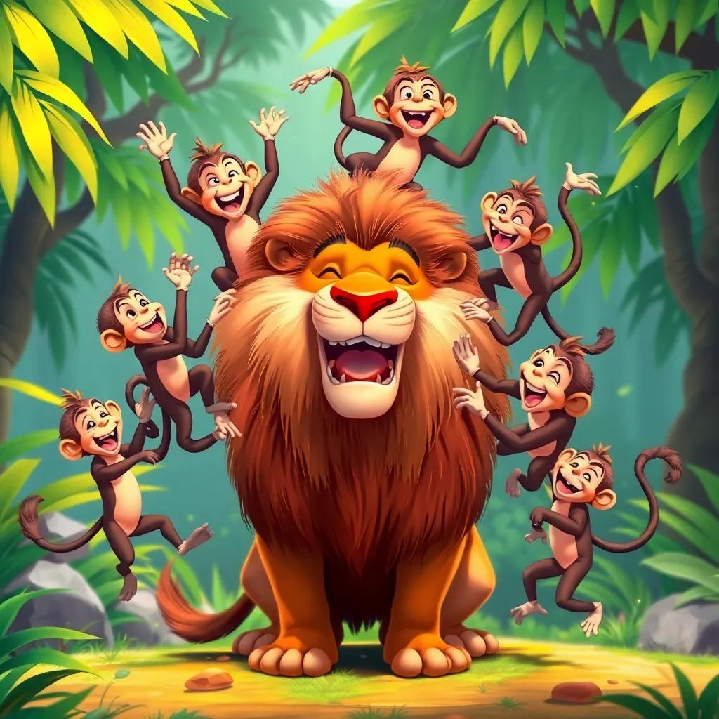 A group of playful monkeys jumping around Mazin the lion, laughing and having fun, colorful jungle background, bright and cheerful, dynamic action, high-quality illustration