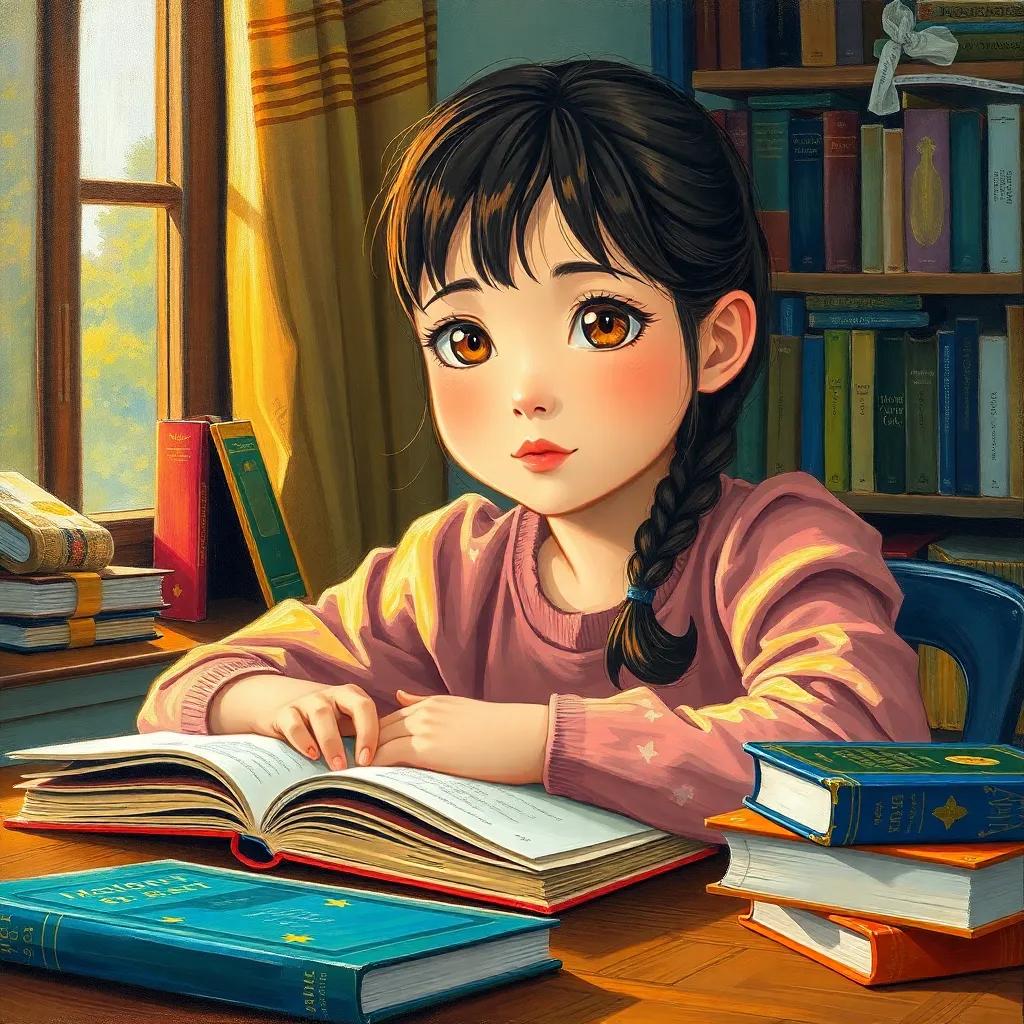 A young girl, Masa, with smart, honey-brown eyes, sitting at a desk, studying diligently with books around, early morning light shining through the window, inviting atmosphere, high quality