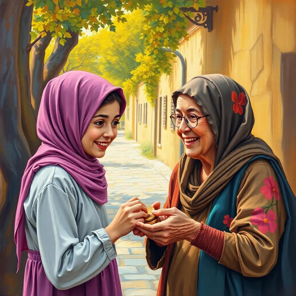 Masa, a young Arab girl with honey-brown eyes, helping an elderly woman by giving her coins, smiles exchanged under a sunny school path, colorful, heartwarming, storytelling view, high quality