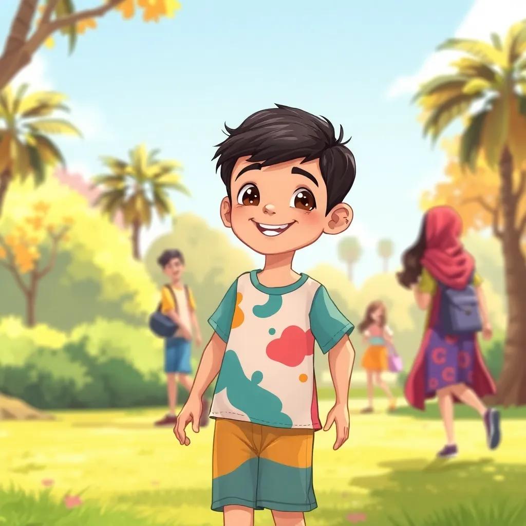 A young Arab boy, Sami, with short black hair, wearing a colorful t-shirt and shorts, playing in a sunny park with friends, cheerful atmosphere, digital art, warm colors, vibrant and lively setting