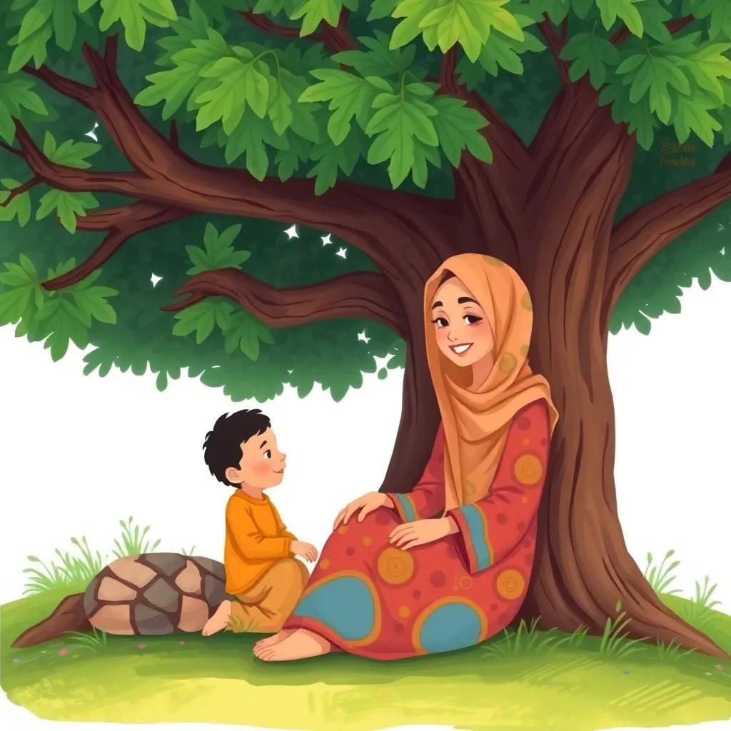 A smiling Arab mother, sitting under a big green tree, wearing a colorful dress and a headscarf, talking to her son, peaceful surroundings, illustration, soft lighting, friendly vibe