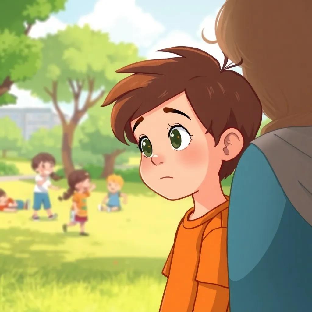 An illustration of Sami looking thoughtful, listening to his mother, with a view of happy children playing in the park, bright and lively atmosphere, digital illustration, engaging colors, joyful scene