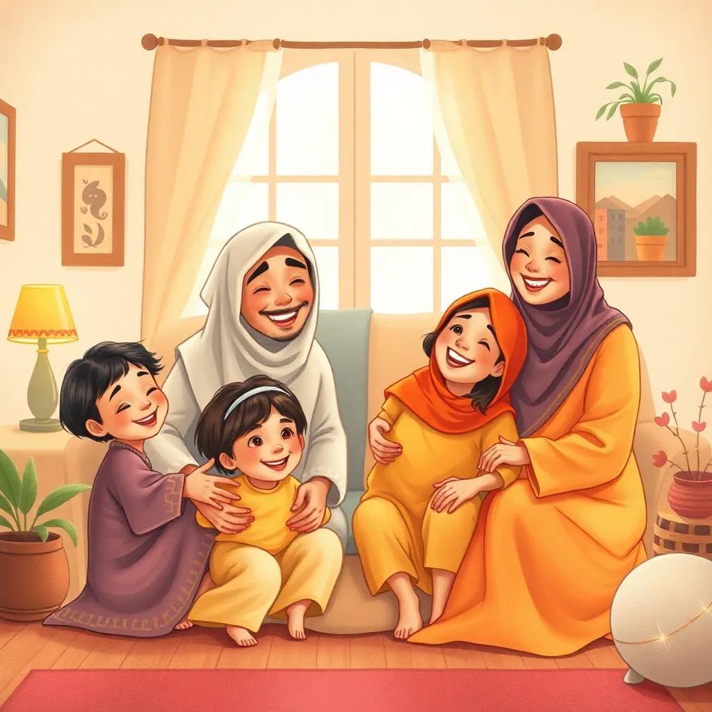A beautiful and serene depiction of a family, with a happy Arab family of different ages, playing together in their home, surrounded by love and laughter, warm light, cozy atmosphere, family-oriented theme