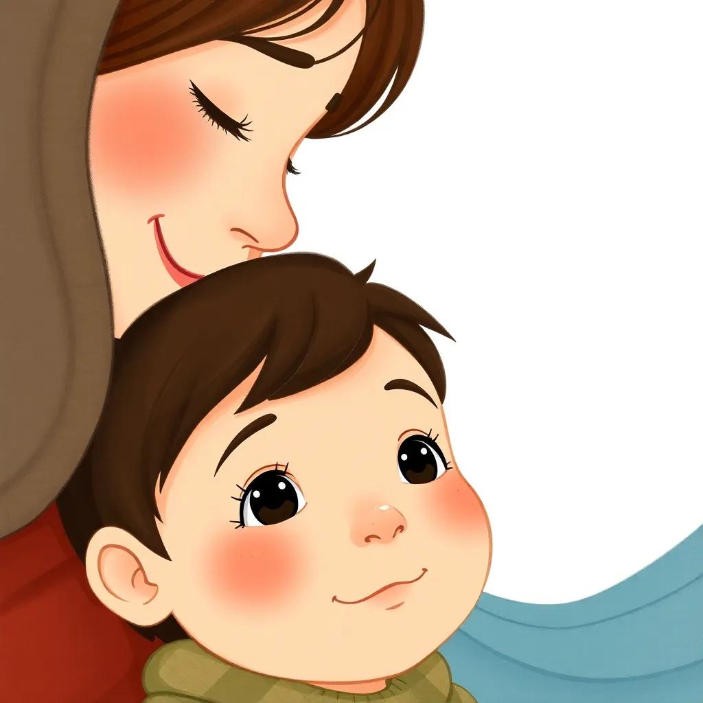 A close-up of Sami's curious face, with his mother's comforting smile, emphasizing love and warmth between them, illustration, soft colors, heartwarming scene