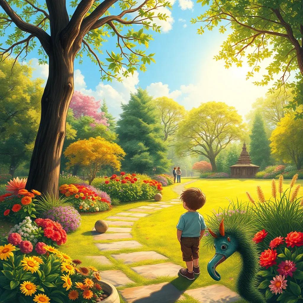 A sunny park with colorful flowers and greenery, a small boy pondering a question, bright and cheerful atmosphere, detailed illustration, warm lighting, vibrant colors, high quality