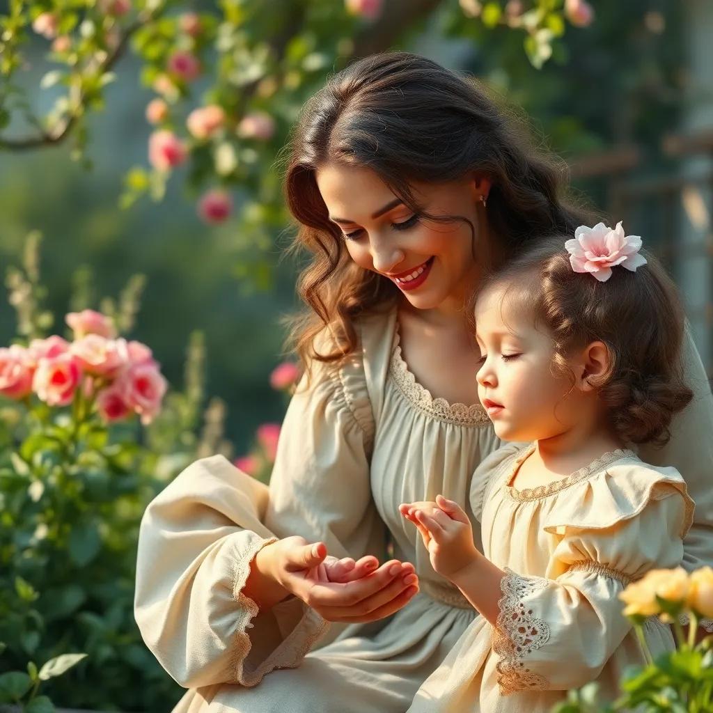 A caring mother looking down at her child with a loving smile, explaining something with gentle gestures, in a peaceful garden, soft light, child-friendly design, high detail