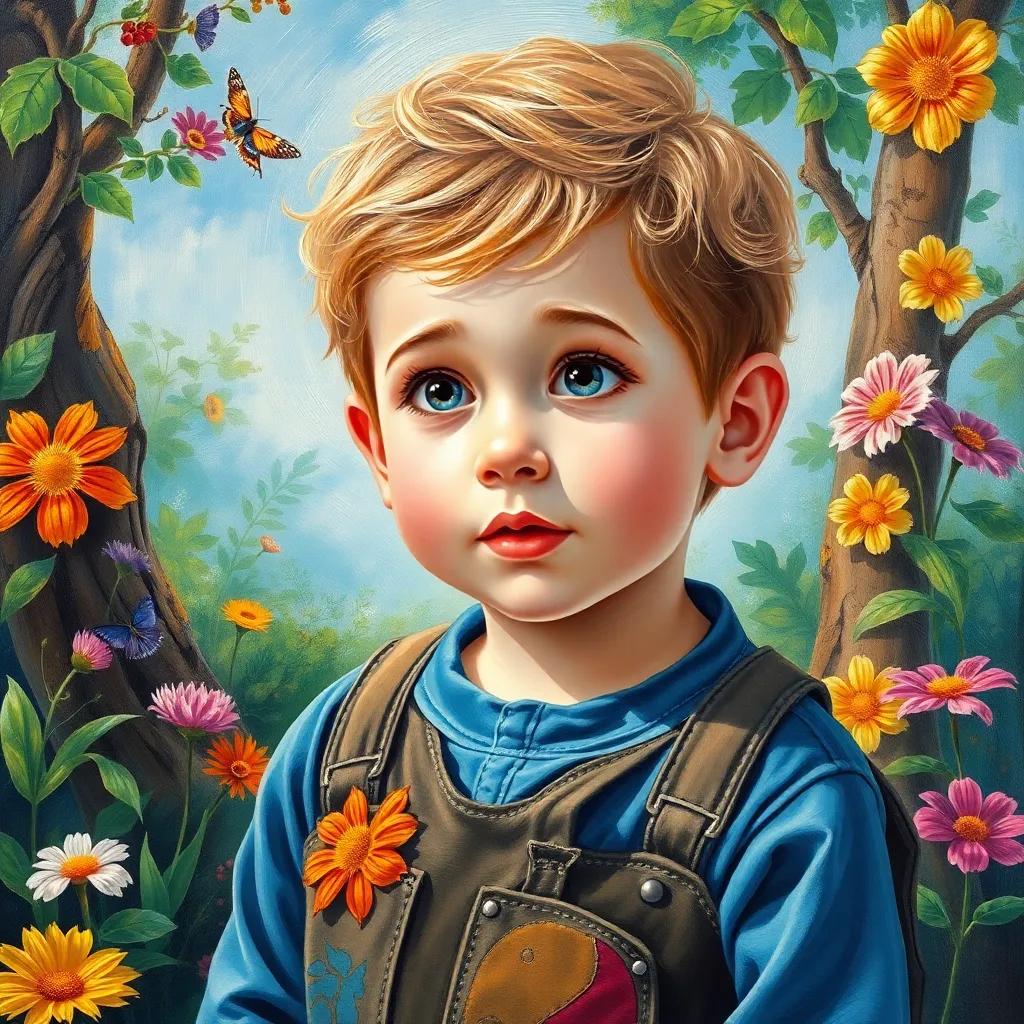 The little boy asking his question with curiosity in his eyes, surrounded by beautiful nature, playful and joyful setting, colorful, lively colors, high quality