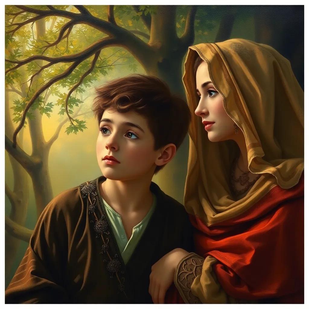 A thoughtful expression on the boy's face as he listens to his mother, a gentle breeze blowing through the trees behind them, warm glow, serene environment, rich colors, fantasy