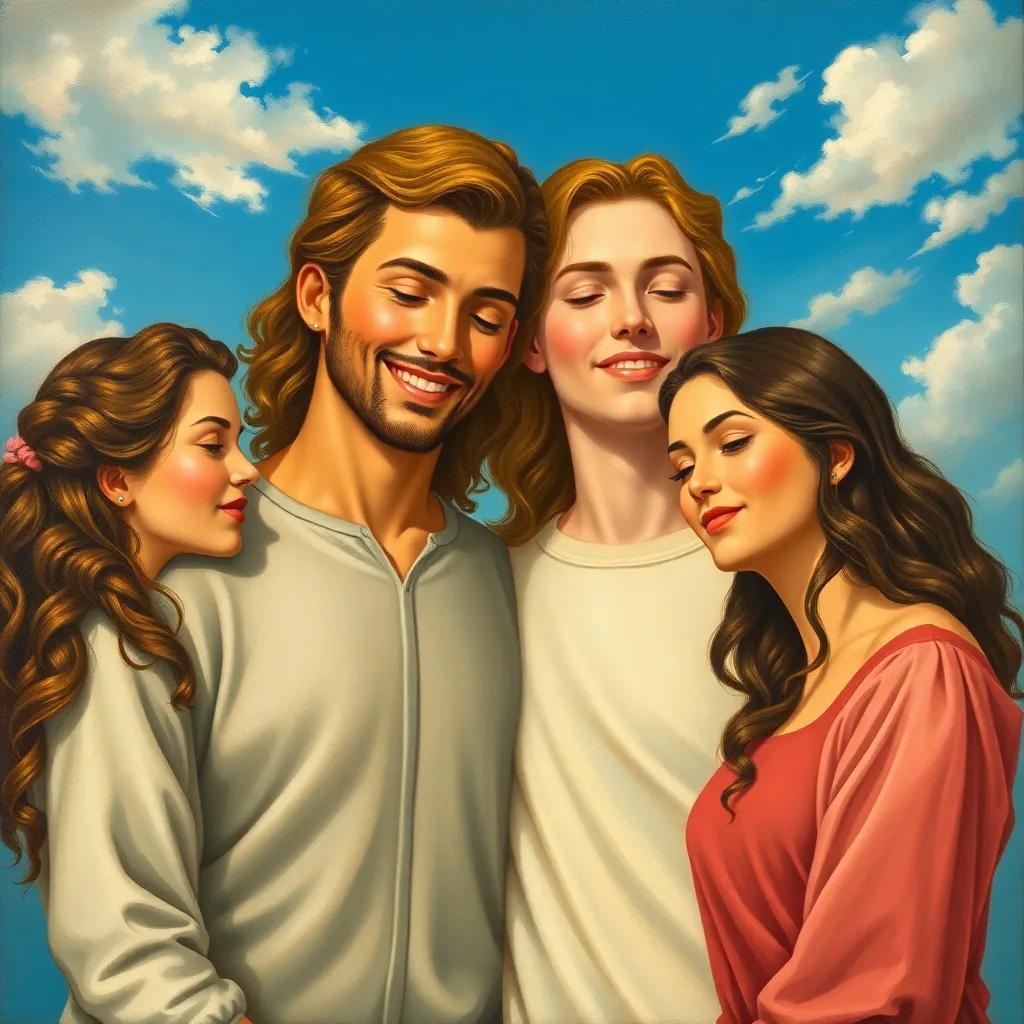 A peaceful image of people from different backgrounds in love and happiness, showing togetherness, harmony under a blue sky, symmetrical design, inviting colors, detailed, high quality