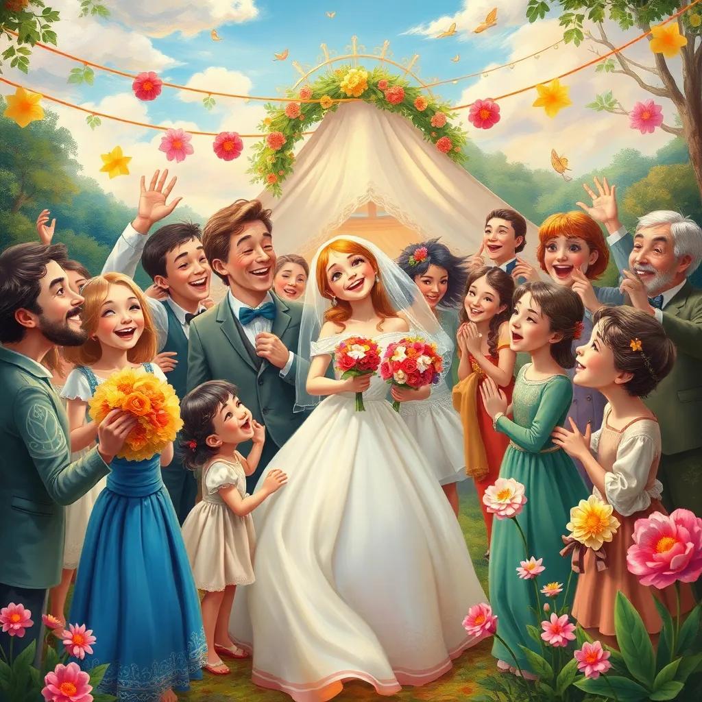 An imaginative scene of a wedding celebration with joyful people, lots of love and laughter, surrounded by nature, bright colors, festive atmosphere, child-friendly design