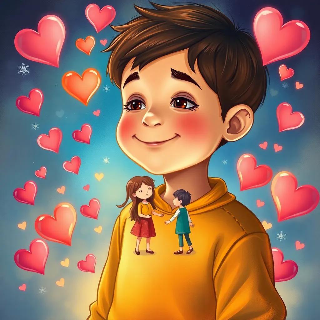 An illustration of a boy imagining a happy family, with love hearts around, colorful and bright, soft lighting, enchanting atmosphere, high detail