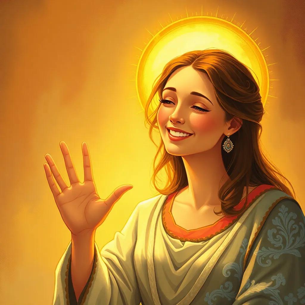 The mother gesturing with a warm smile, her hand raised in a loving way, as she talks about the importance of love and respect, golden halo light, warm color palette, enchanting illustration