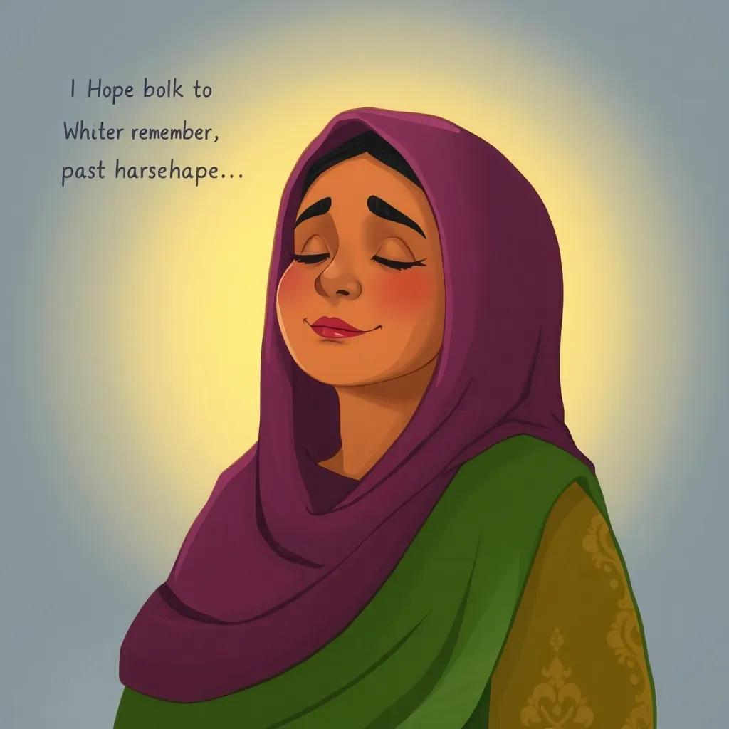 Zainab, a wise woman, remembering past hardships with a serene expression, a soft light surrounding her, showing hope and resilience, illustration, uplifting and emotional, vibrant colors