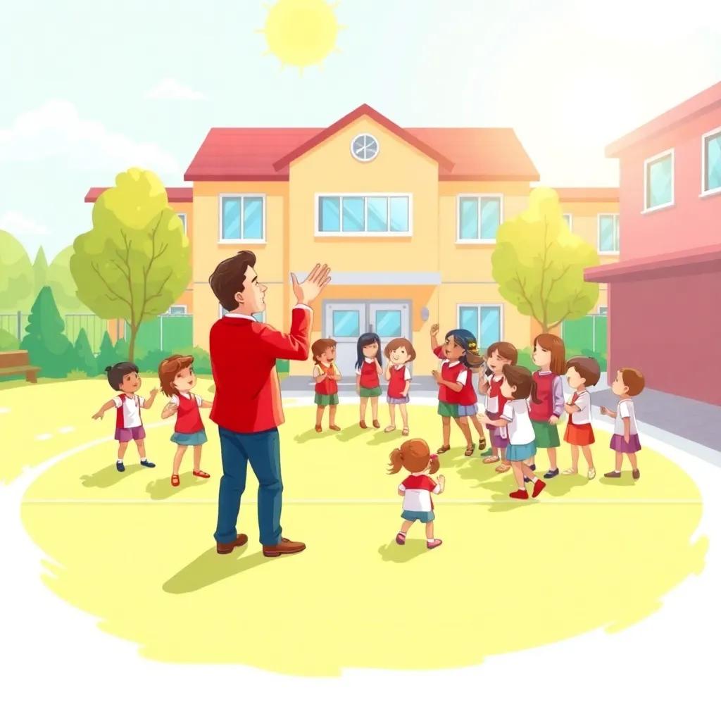 A bright sunny school playground with students gathering around, a teacher clapping his hands enthusiastically, students in red and white uniforms, excitement in the air, digital art, vibrant colors, cheerful atmosphere, high quality